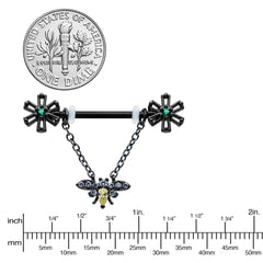 14G 9/16 Yellow Gem Black Butterfly Chain Dangle Nipple Ring Set