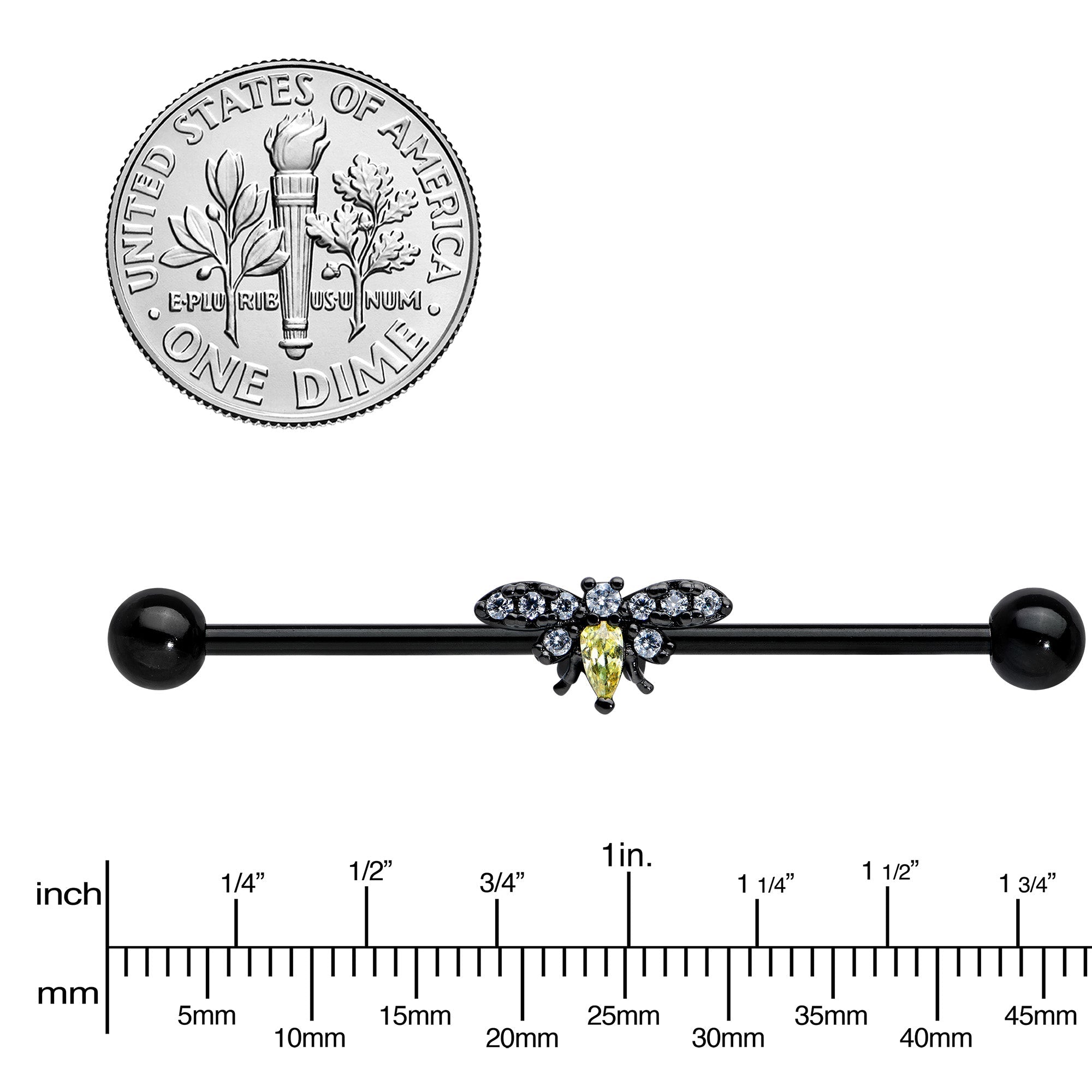 14G Yellow Clear Gem Black Butterfly Industrial Barbell 38mm