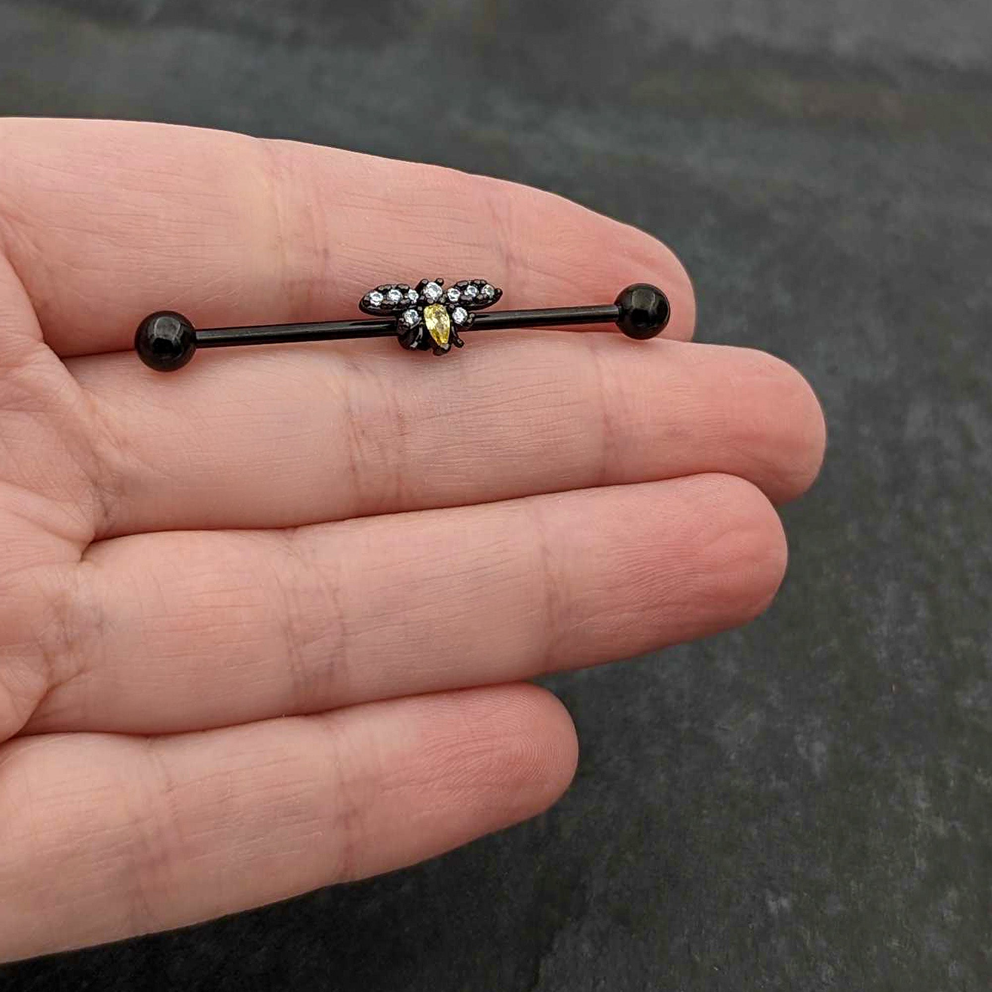 14G Yellow Clear Gem Black Butterfly Industrial Barbell 38mm