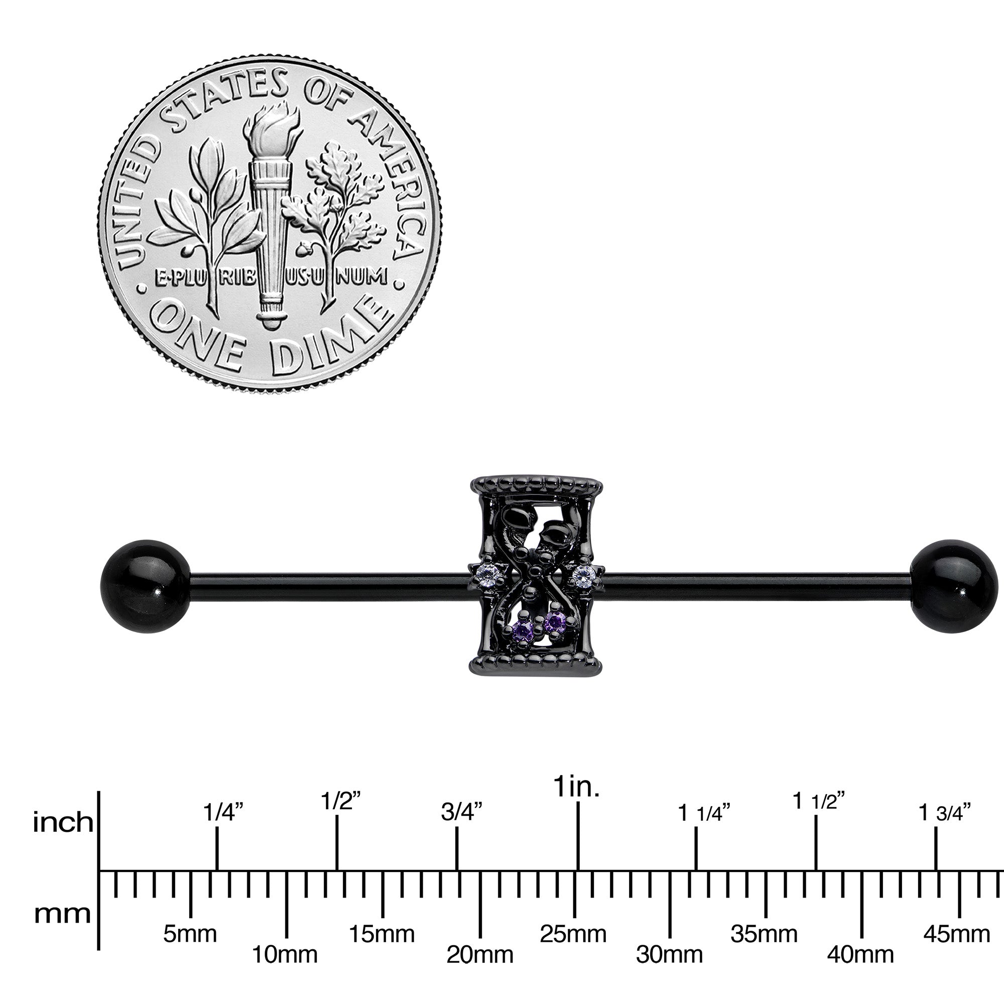 14G Purple Gem Black Gothic Hourglass Industrial Barbell 38mm