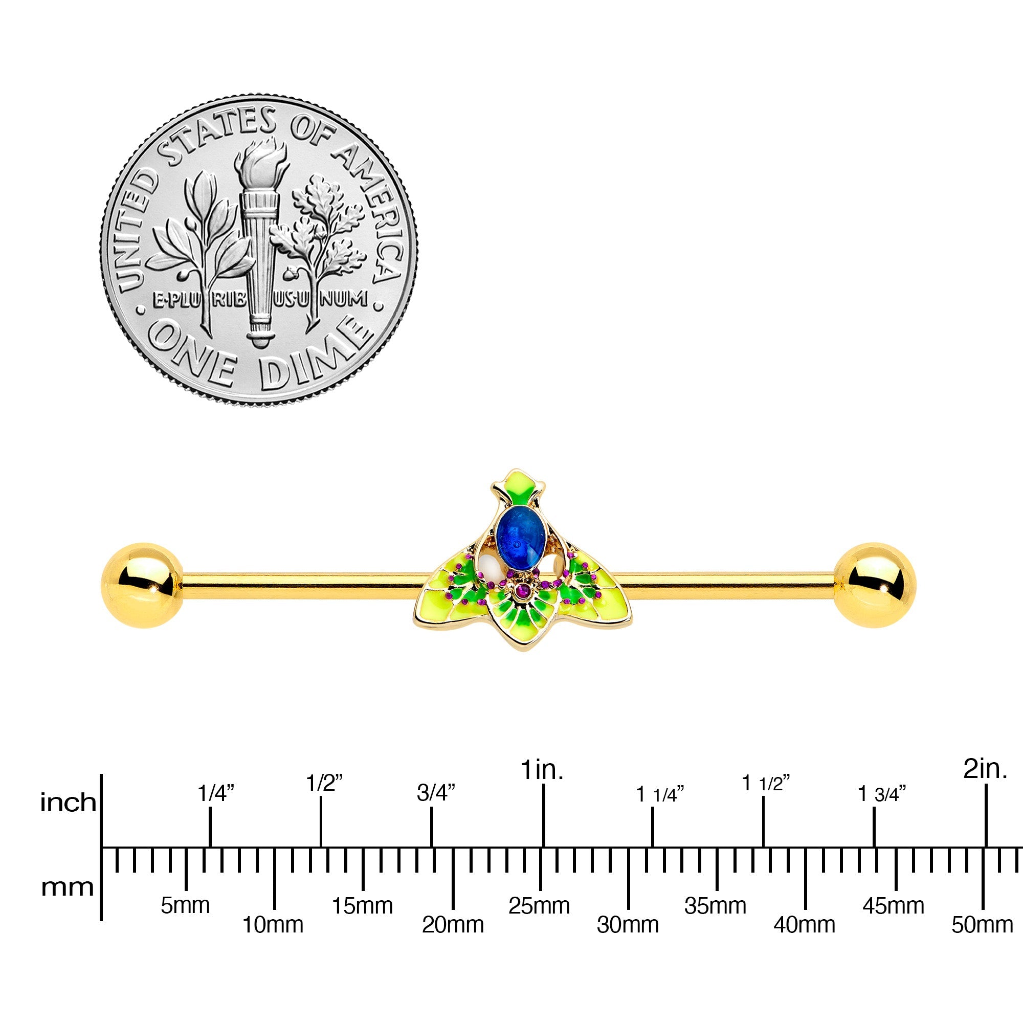 14G Blue Purple Gem Gold Tone Tropic Fan Industrial Barbell 38mm