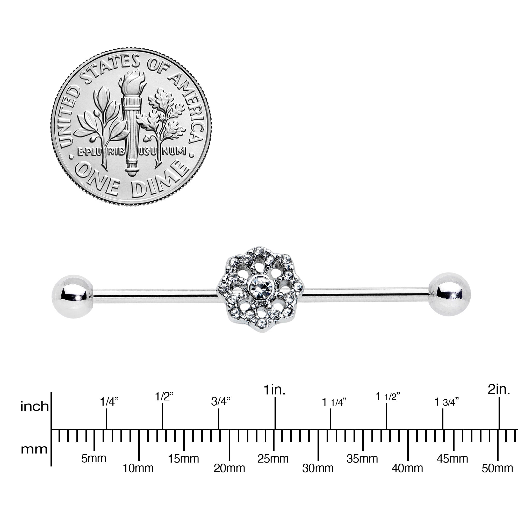14G Clear Gem Baroque Fabulous Flower Industrial Barbell 38mm