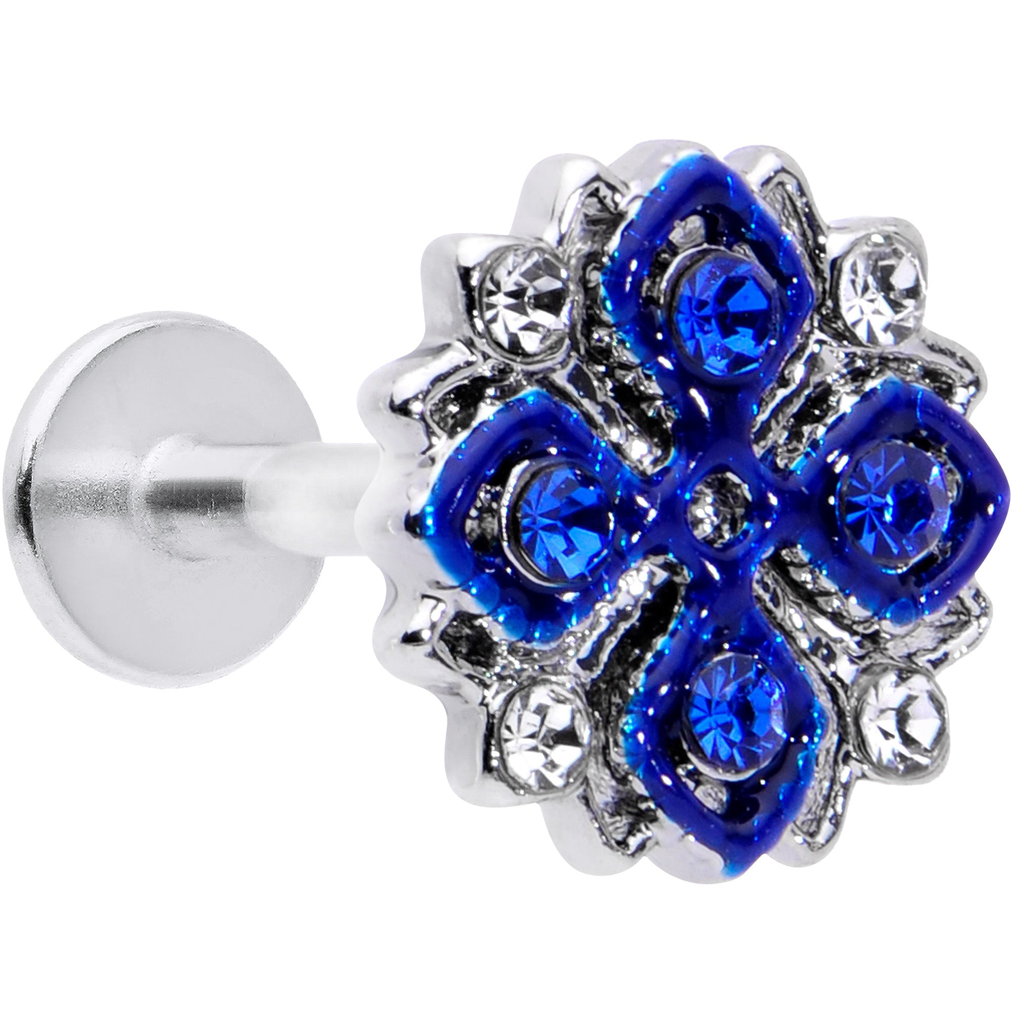 16G 5/16 Blue Clear Gem Embellished Cross Labret Monroe Tragus