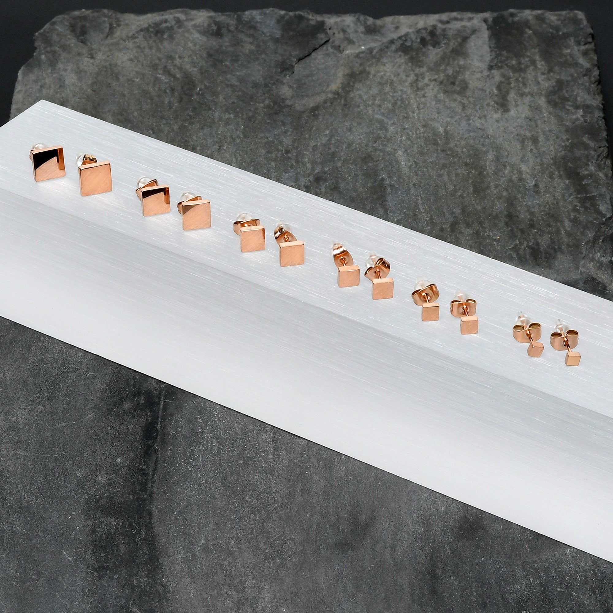 3mm-8mm Square Stud Rose Gold Tone 316L Stainless Steel Earrings 6 Pack