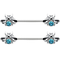 14G 9/16 Blue Gem Bee Beautiful Insect Barbell Nipple Ring Set