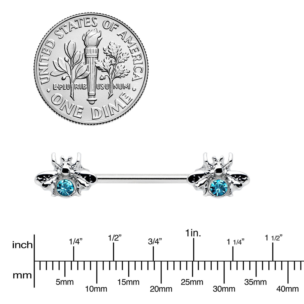 14G 9/16 Blue Gem Bee Beautiful Insect Barbell Nipple Ring Set