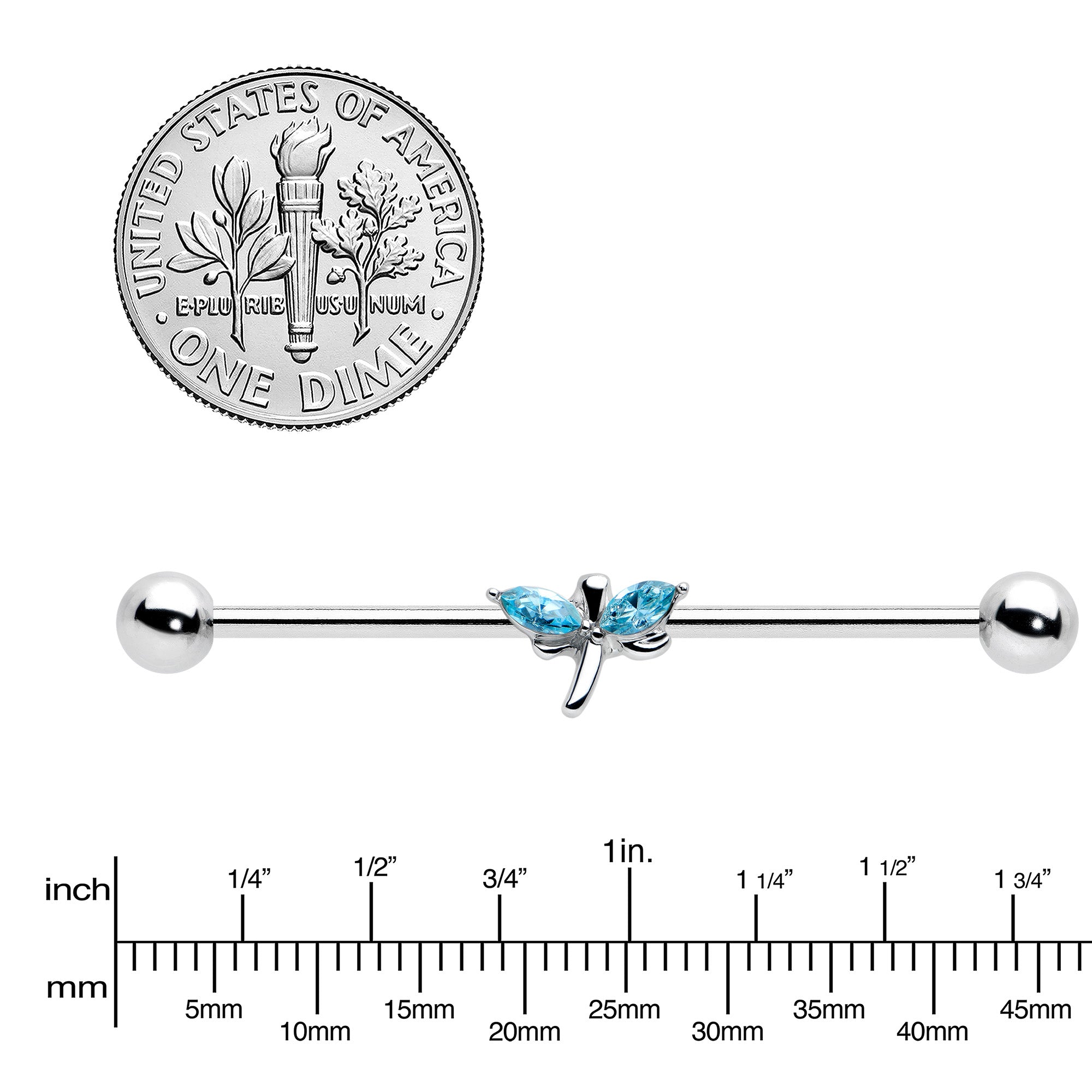 14G Blue Gem Simple Stylized Dragonfly Industrial Barbell 38mm