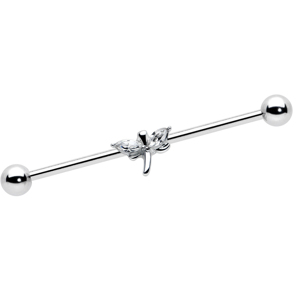 14G Clear Gem Simple Stylized Dragonfly Industrial Barbell 38mm