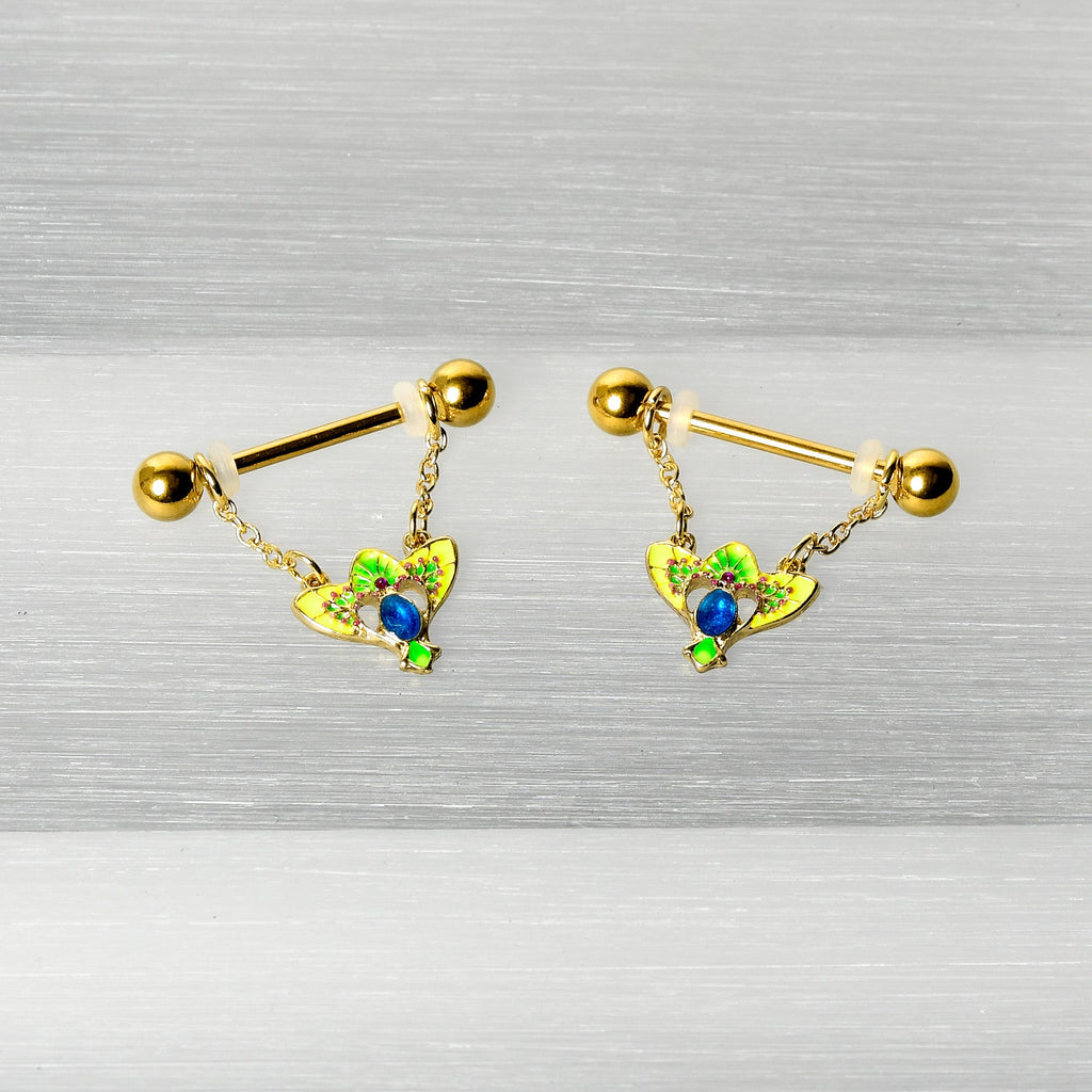 14G 9/16 Blue Gem Gold Hue Tropic Fan Chain Dangle Nipple Ring Set