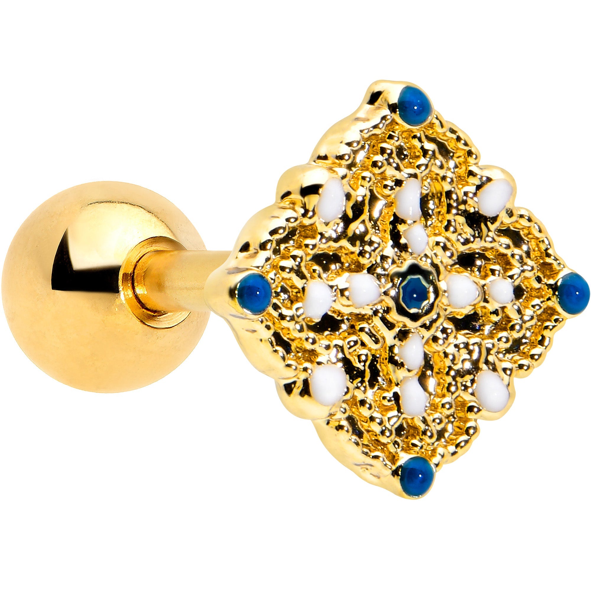 16G 1/4 Blue Gem Gold Tone Lacy Rhombus Cartilage Tragus Earring