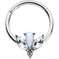 16G 3/8 White Faux Opal Style Flower Hinged Segment Ring
