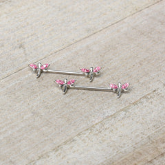 14G 5/8 Pink Gem Simple Styled Dragonfly Barbell Nipple Ring Set