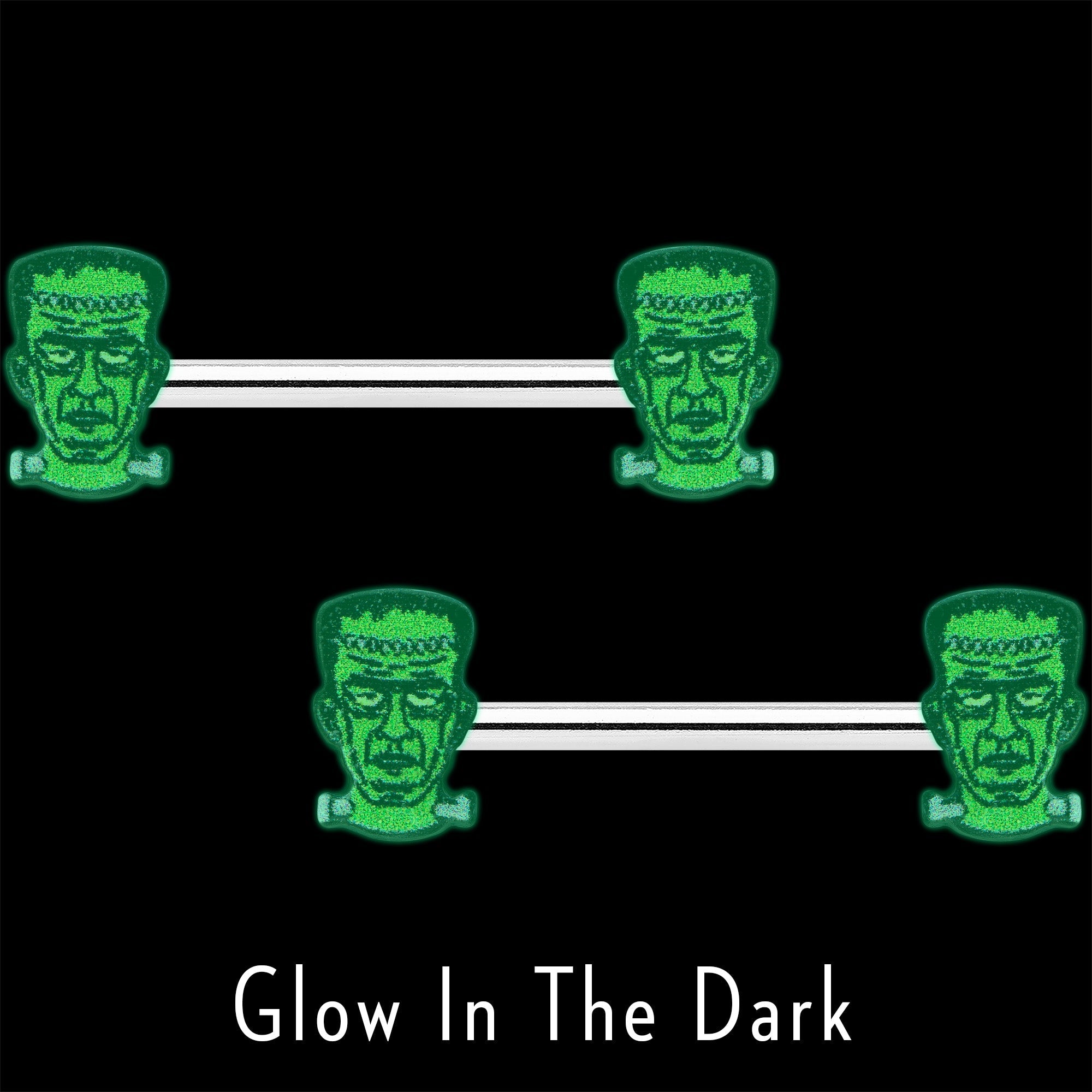 14G 9/16 Frankenstein Head Green Glow in the Dark Nipple Ring Set