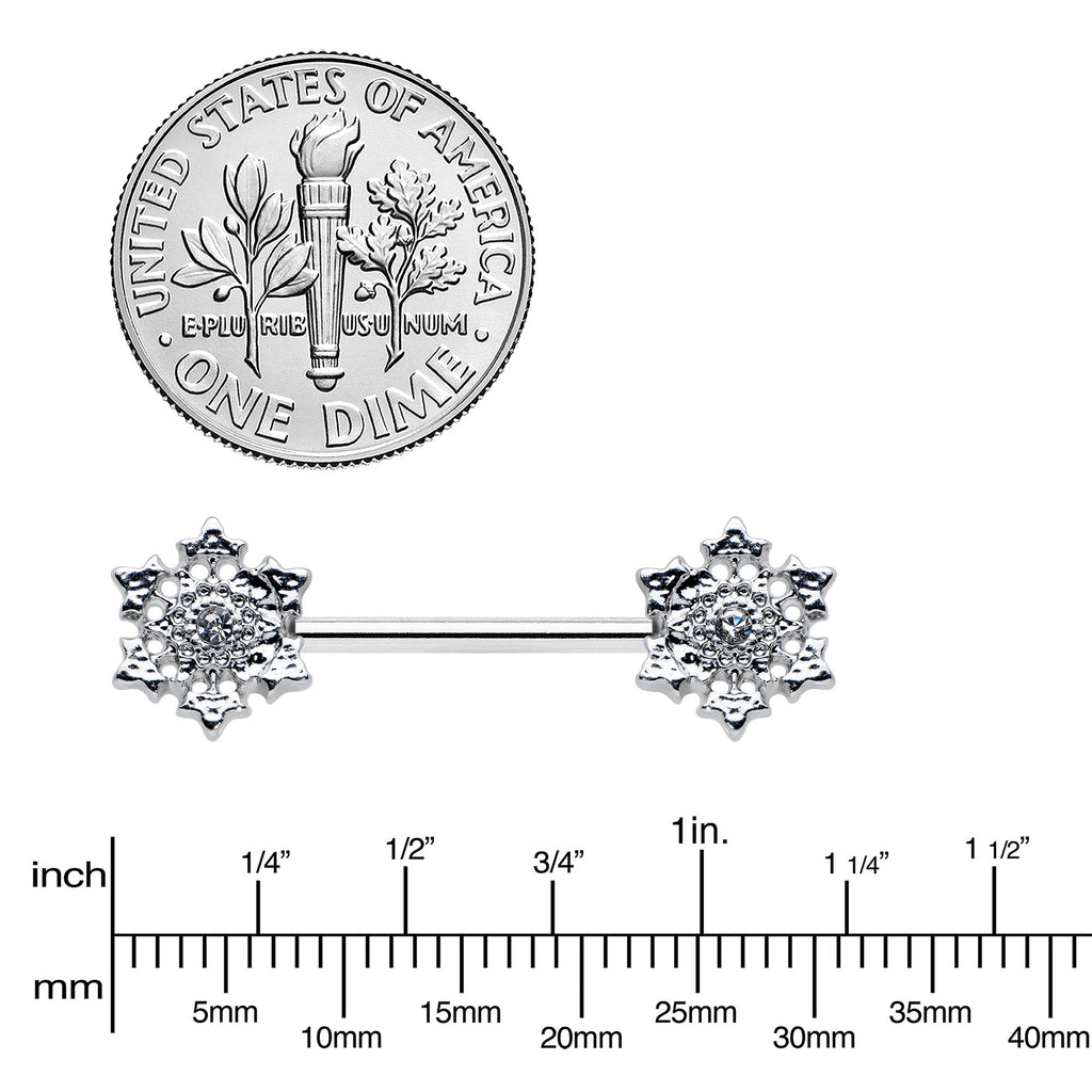 14G 9/16 Clear Gem Filigree Winter Snowflake Nipple Ring Set