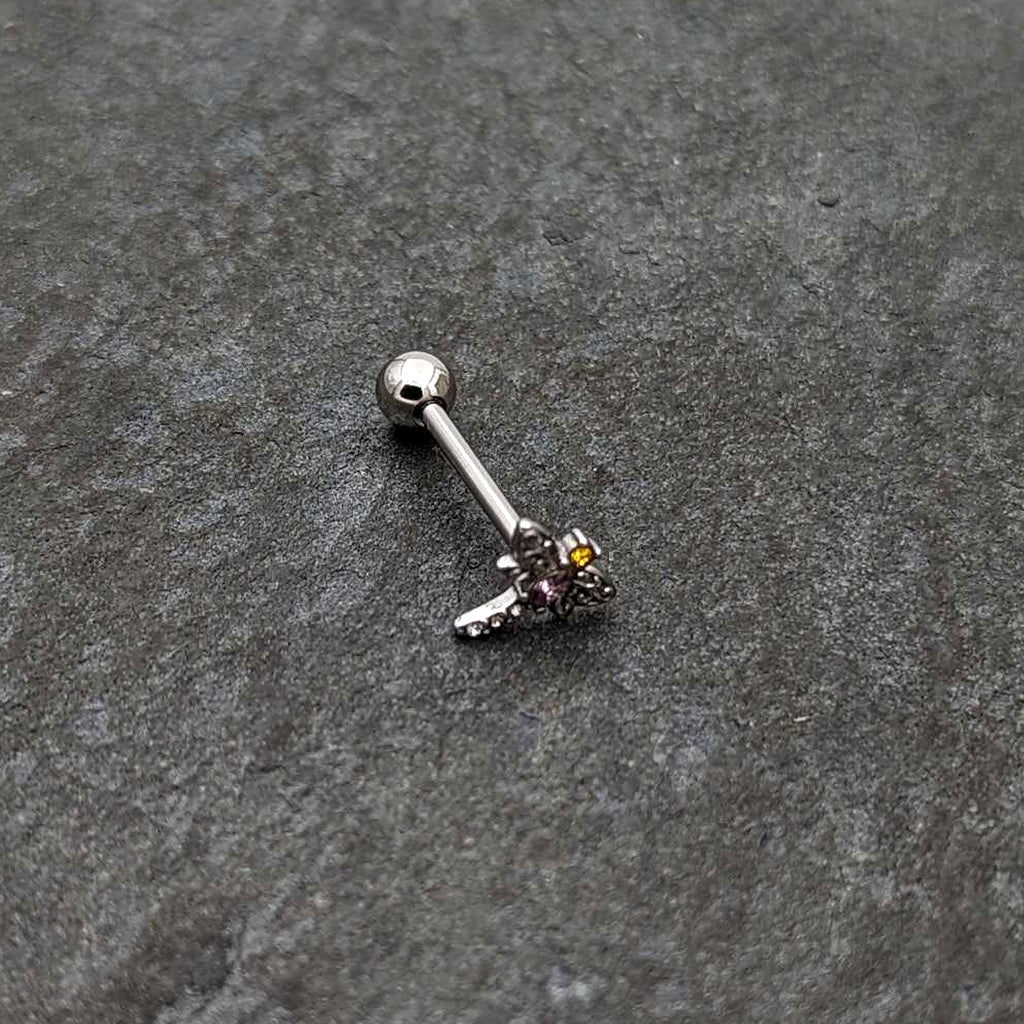 Purple Yellow Clear Gem Dragonfly Barbell Tongue Ring