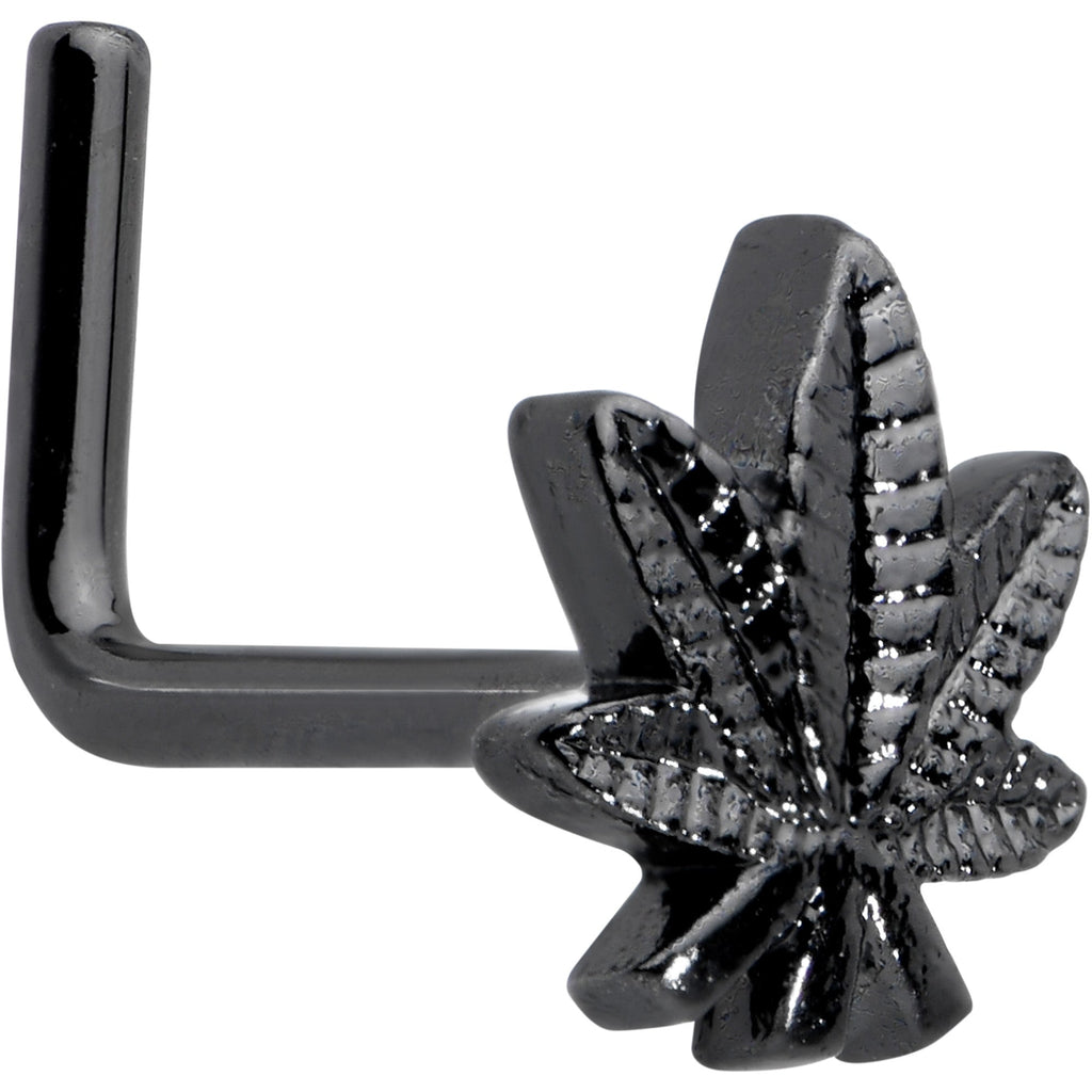 20G 1/4 Black Texture Pot Leaf L Shape Nose Ring