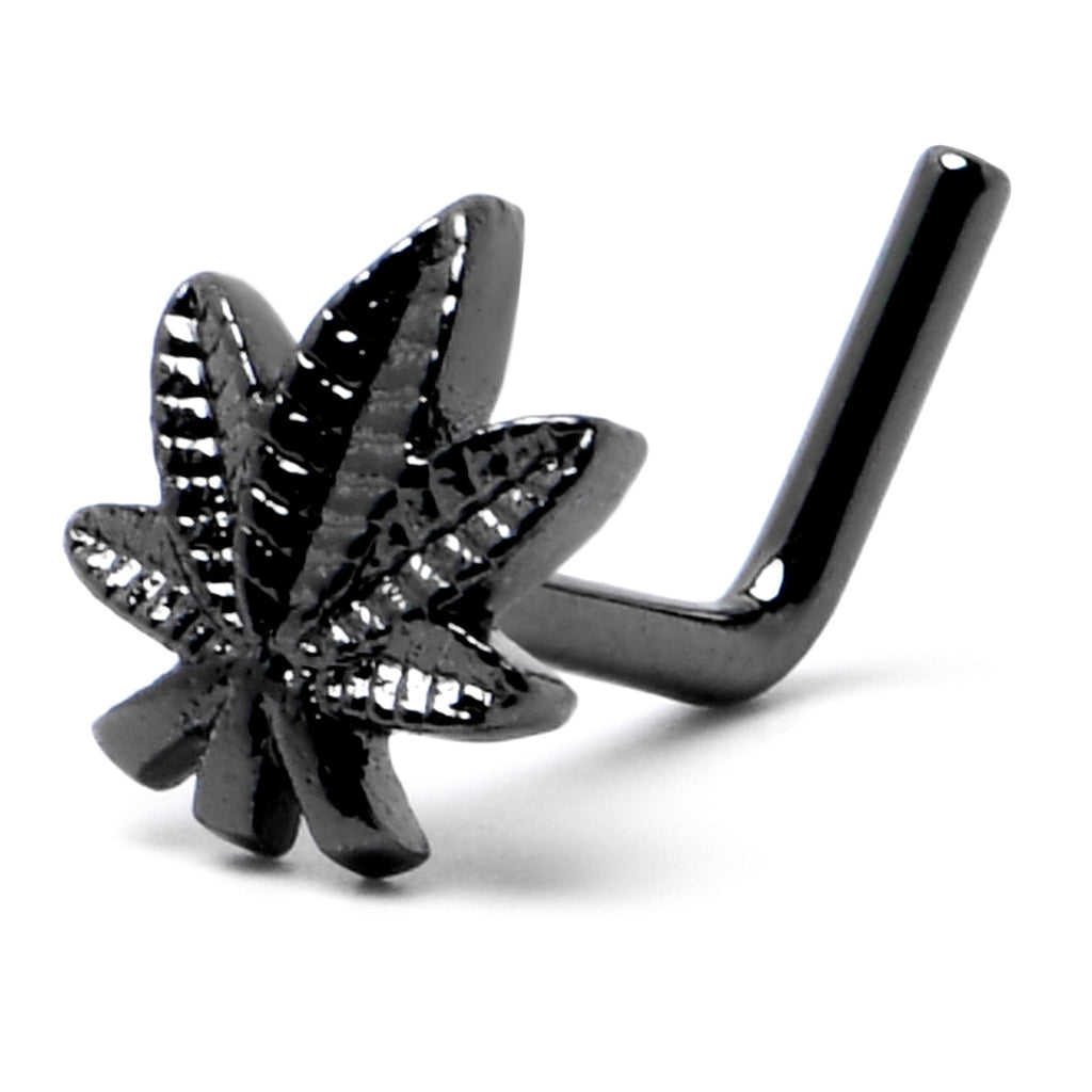 20G 1/4 Black Texture Pot Leaf L Shape Nose Ring