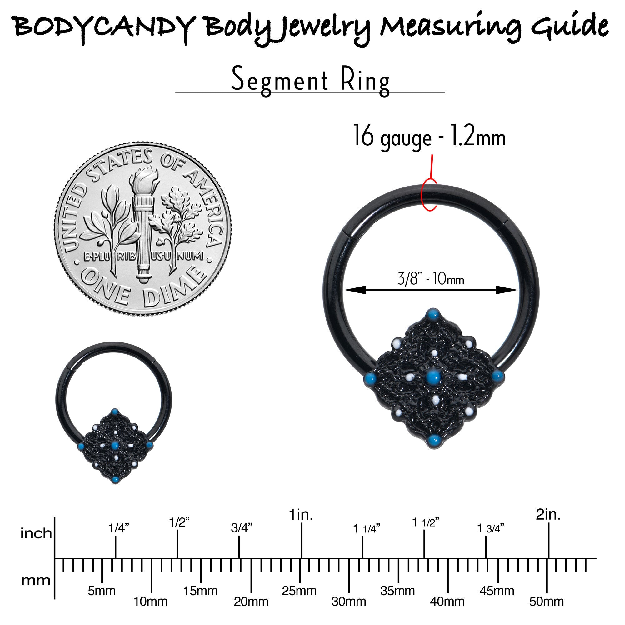 16G 3/8 Black Lacy Rhombus Blue Hinged Segment Ring