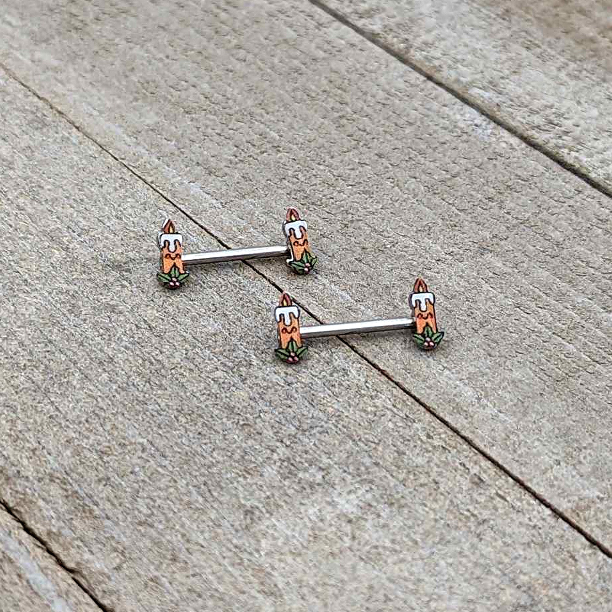 14G 9/16 Sweet Holiday Christmas Candle Barbell Nipple Ring Set