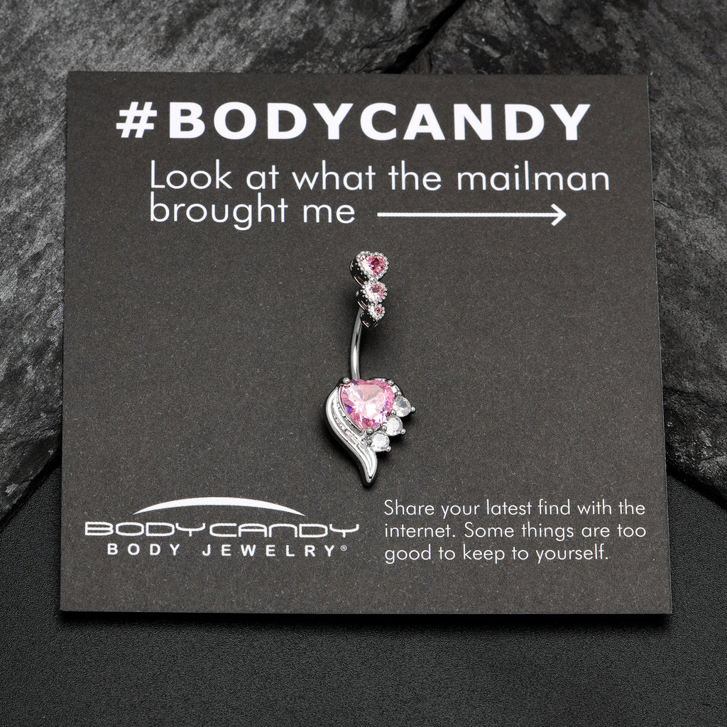 Pink CZ Gem Triple Drop Flare Heart Valentine Double Mount Belly Ring