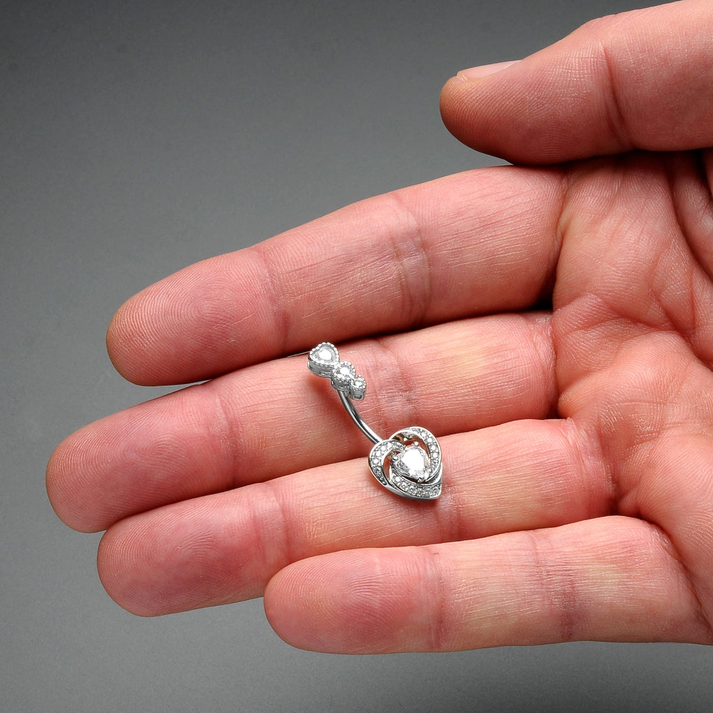 Clear CZ Gem Triple Drop Swirl Heart Valentine Double Mount Belly Ring