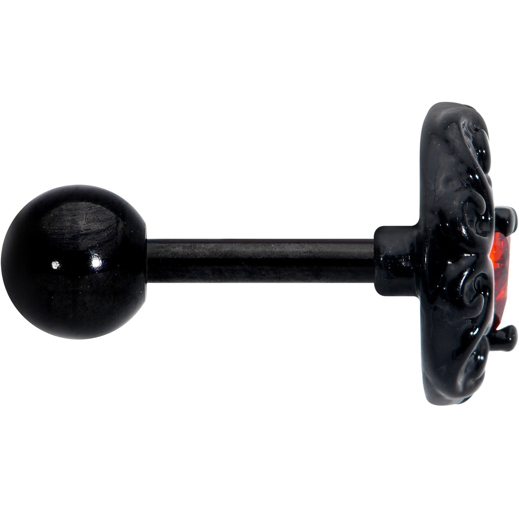 16G 1/4 Red CZ Gem Black Scroll Moon Heart Cartilage Tragus Earring