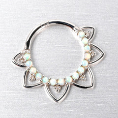 16G 3/8 White Synthetic Opal 14k White Gold Filigree Hinged Segment Ring