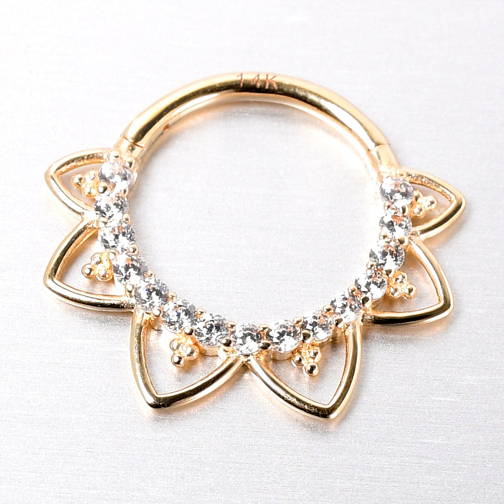 16G 3/8 Clear CZ Gem 14k Yellow Gold Filigree Hinged Segment Ring
