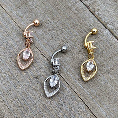 Clear CZ Gem Gold Tone Lush Leaf Dangle Belly Ring