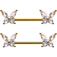 14G 9/16 Clear CZ Gem Gold Tone Butterflies Barbell Nipple Ring Set