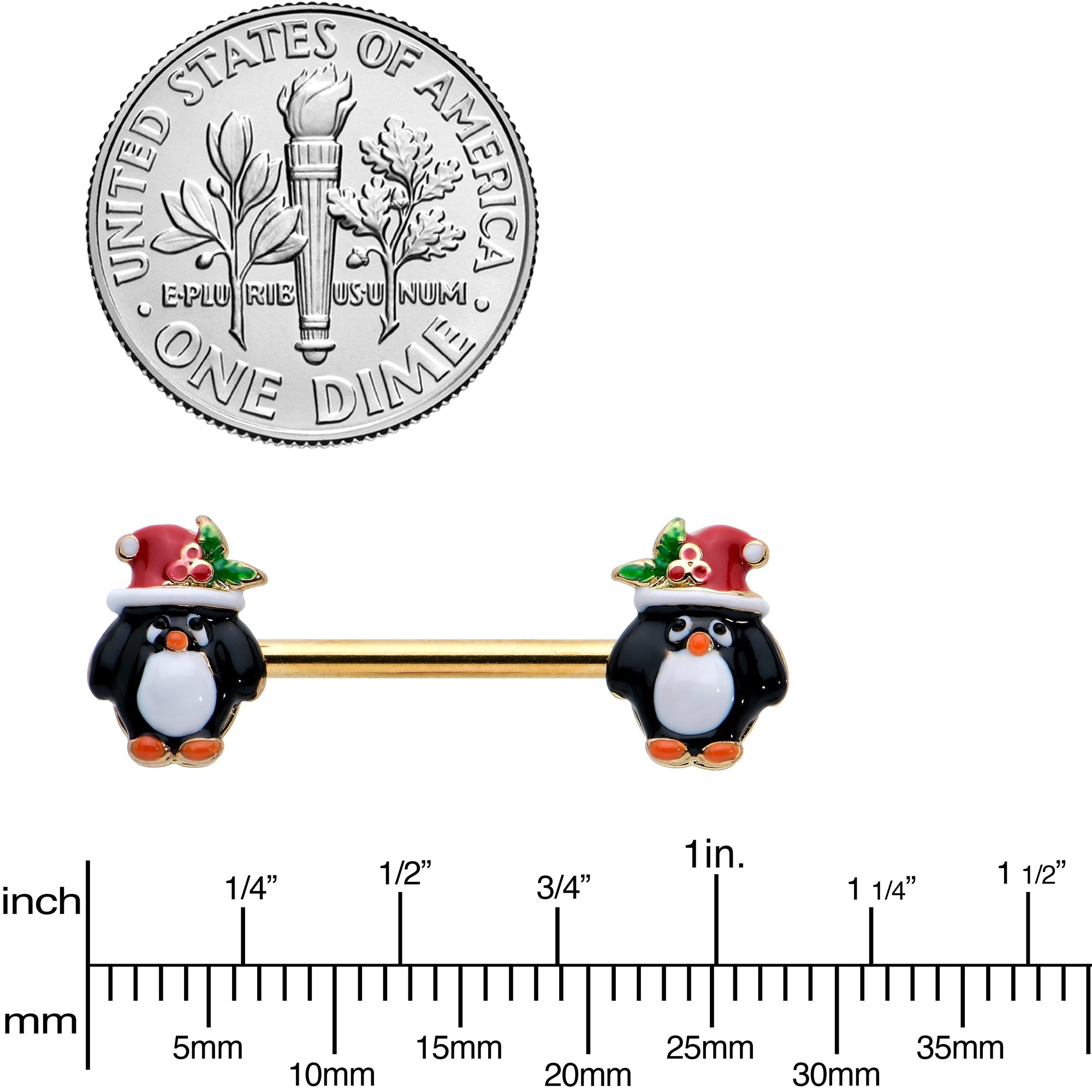 14G 9/16 Gold Tone Holly Hat Penguin Barbell Nipple Ring Set