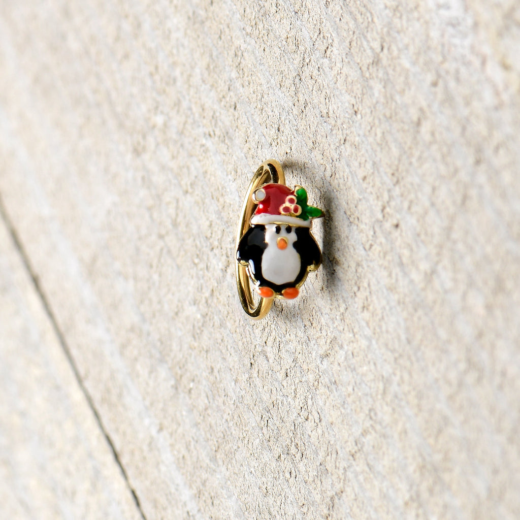 20G 5/16 Gold Tone Holly Hat Penguin Holiday Nose Hoop