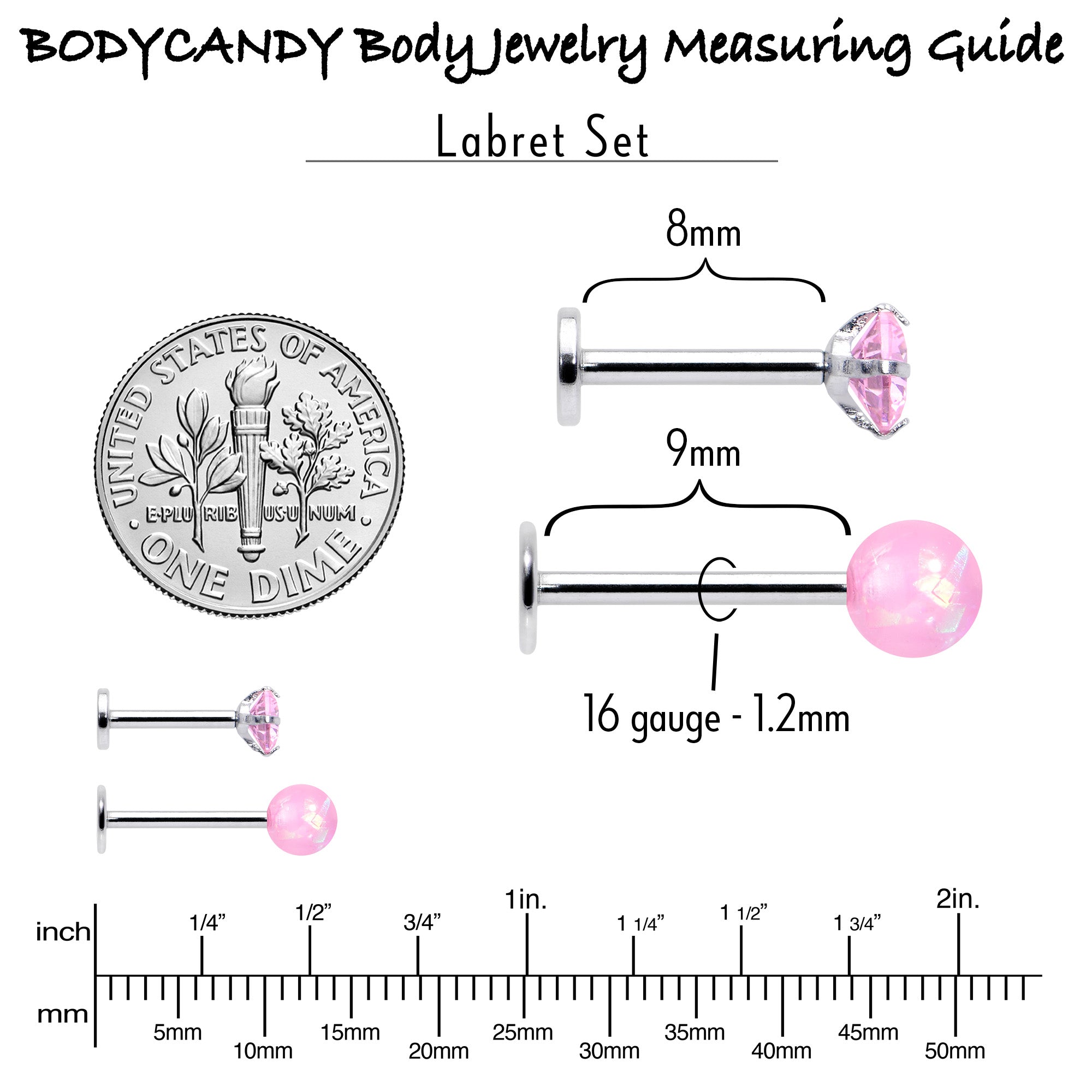 16G 5/16 3/8 Pink Gem Faux Opal Labret Monroe Tragus Set of 4