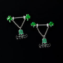 14G 11/16 Leprechaun Legs Shamrock Chain Dangle Nipple Ring Set