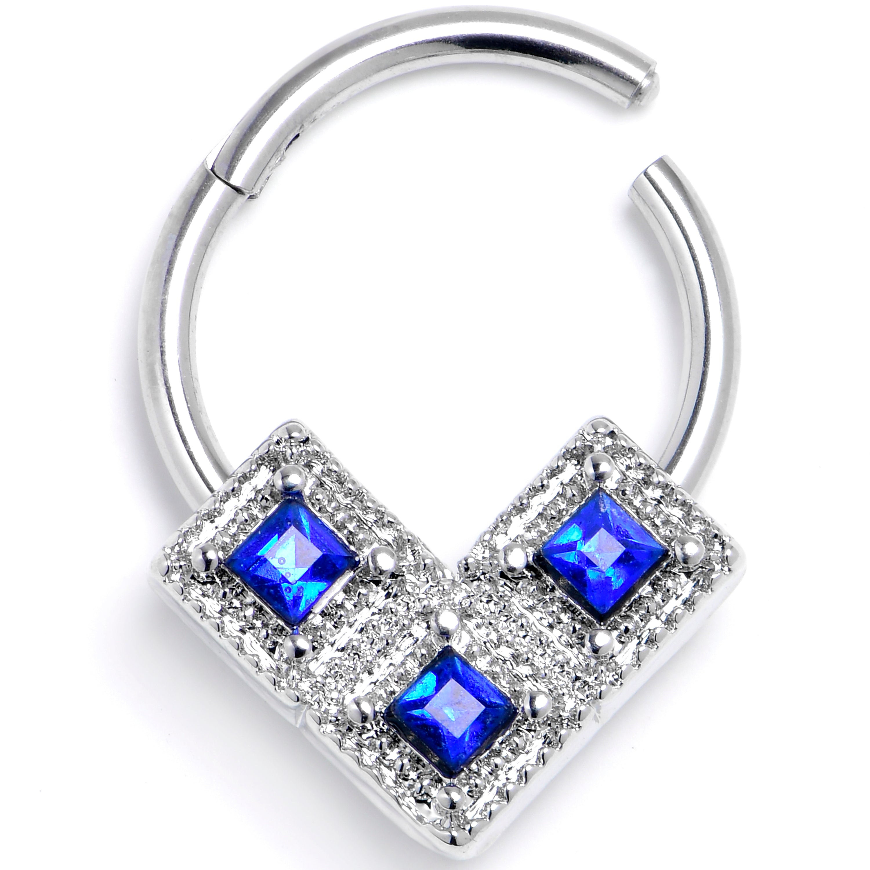 16G 3/8 Blue Clear Gem Rhombus Royale Trio Hinged Segment Ring