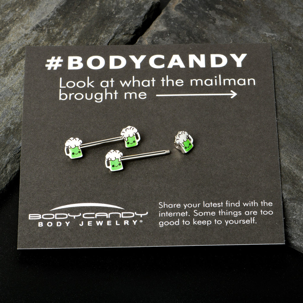 14G 9/16 Sweet Happy Green Beer St Patricks Day Nipple Ring Set