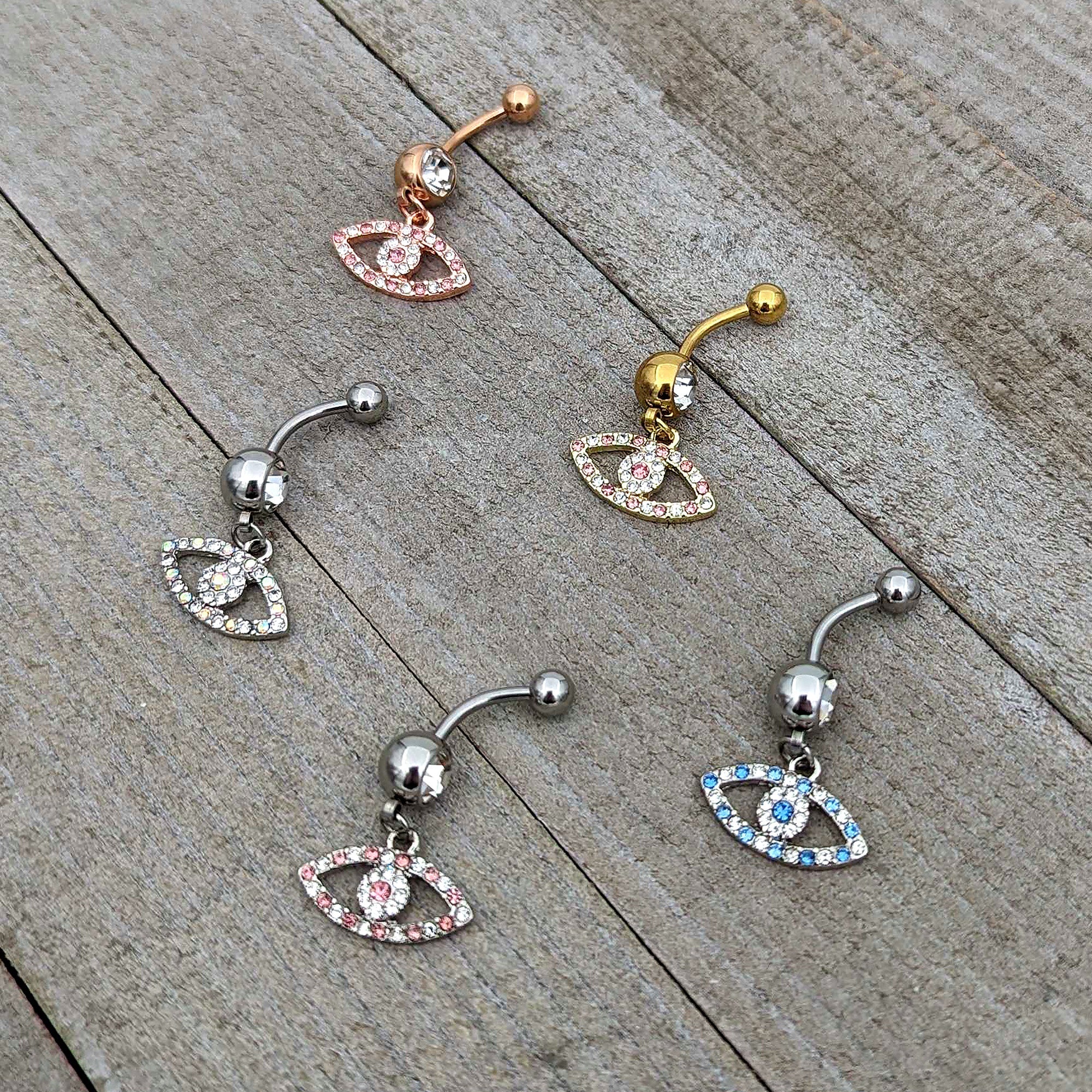 Pink Clear Gem Rose Gold Tone Wide Eye Dangle Belly Ring