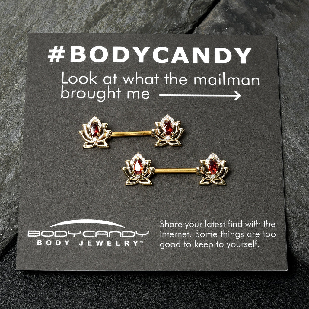 14G 9/16 Red Gem Gold Tone Royal Lotus Barbell Nipple Ring Set