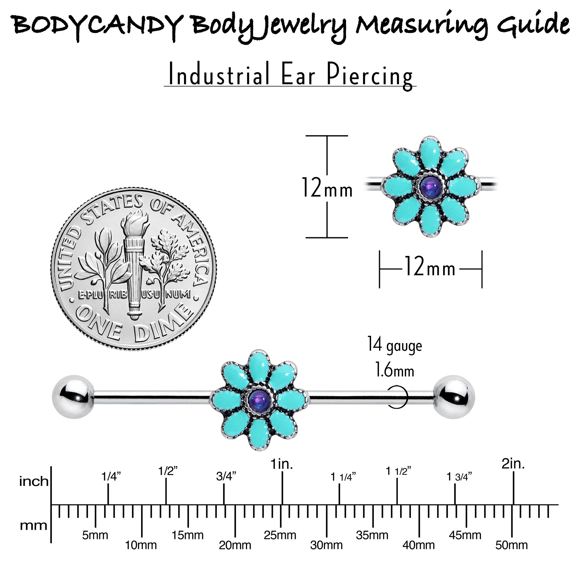 14G Blue Faux Opal Flower Teal Petals Industrial Barbell 38mm