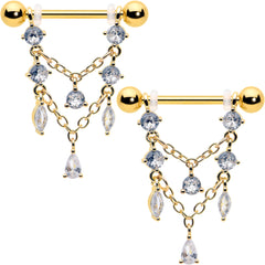 14G  9/16 Clear Gem Gold Tone Double Chain Dangle Nipple Ring Set