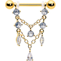 14G  9/16 Clear Gem Gold Tone Double Chain Dangle Nipple Ring Set