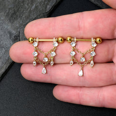 14G  9/16 Clear Gem Gold Tone Double Chain Dangle Nipple Ring Set
