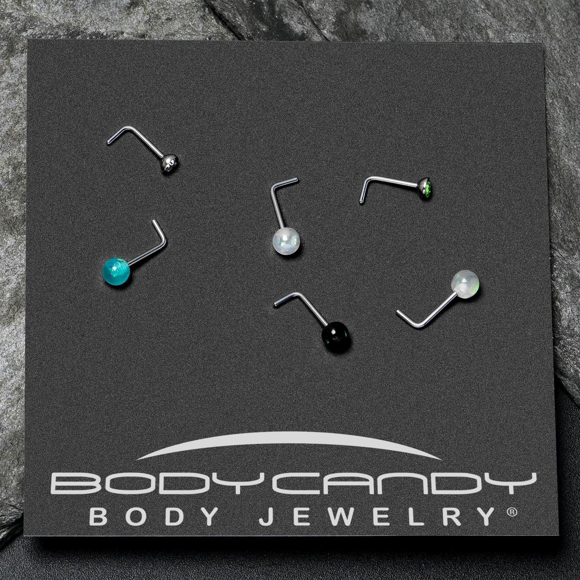20G 1/4 Green Gem Green Aurora Faux Opal Pack L Shape Nose Ring Set of 6