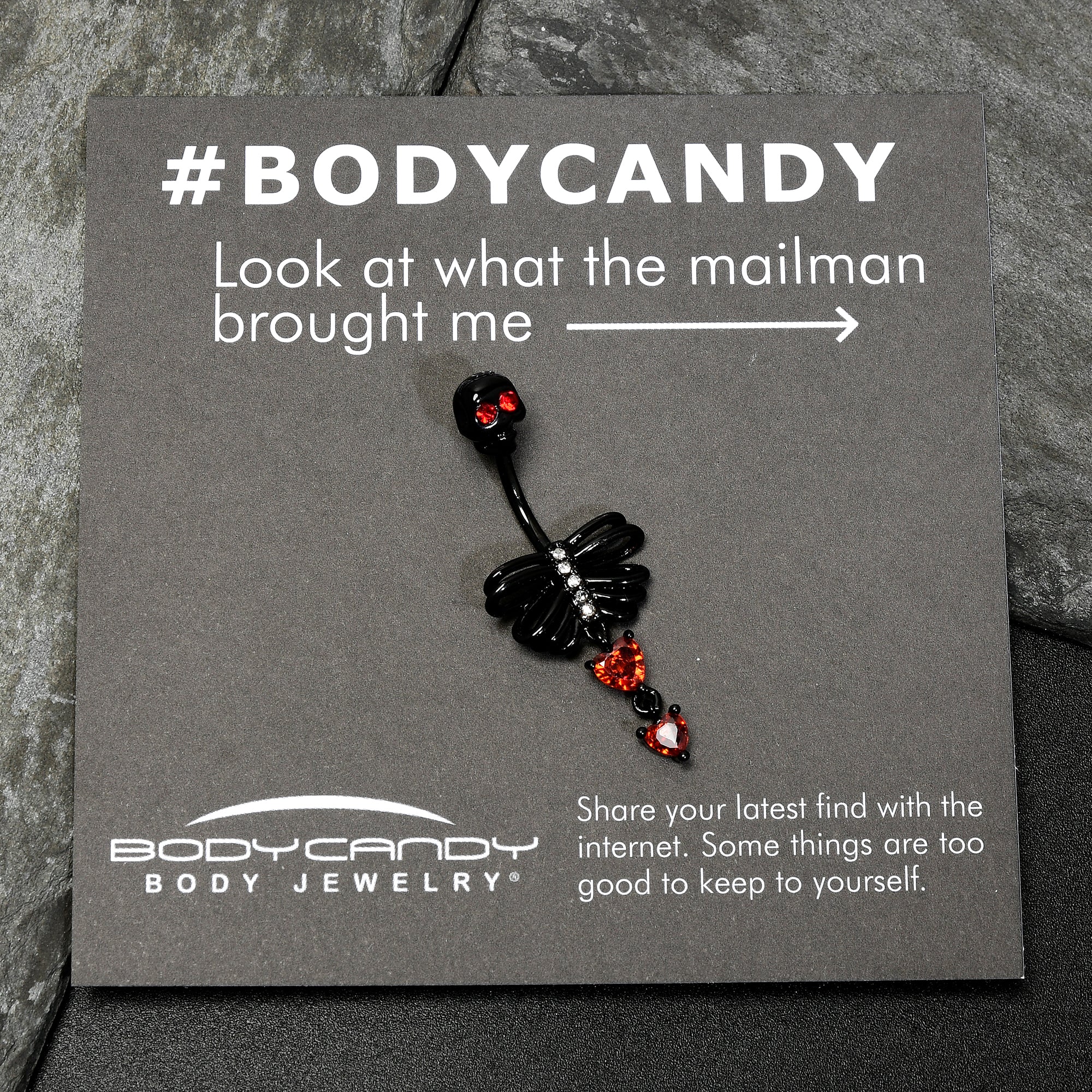 Red CZ Gem Black Skeleton Hearts Gothic Dangle Belly Ring