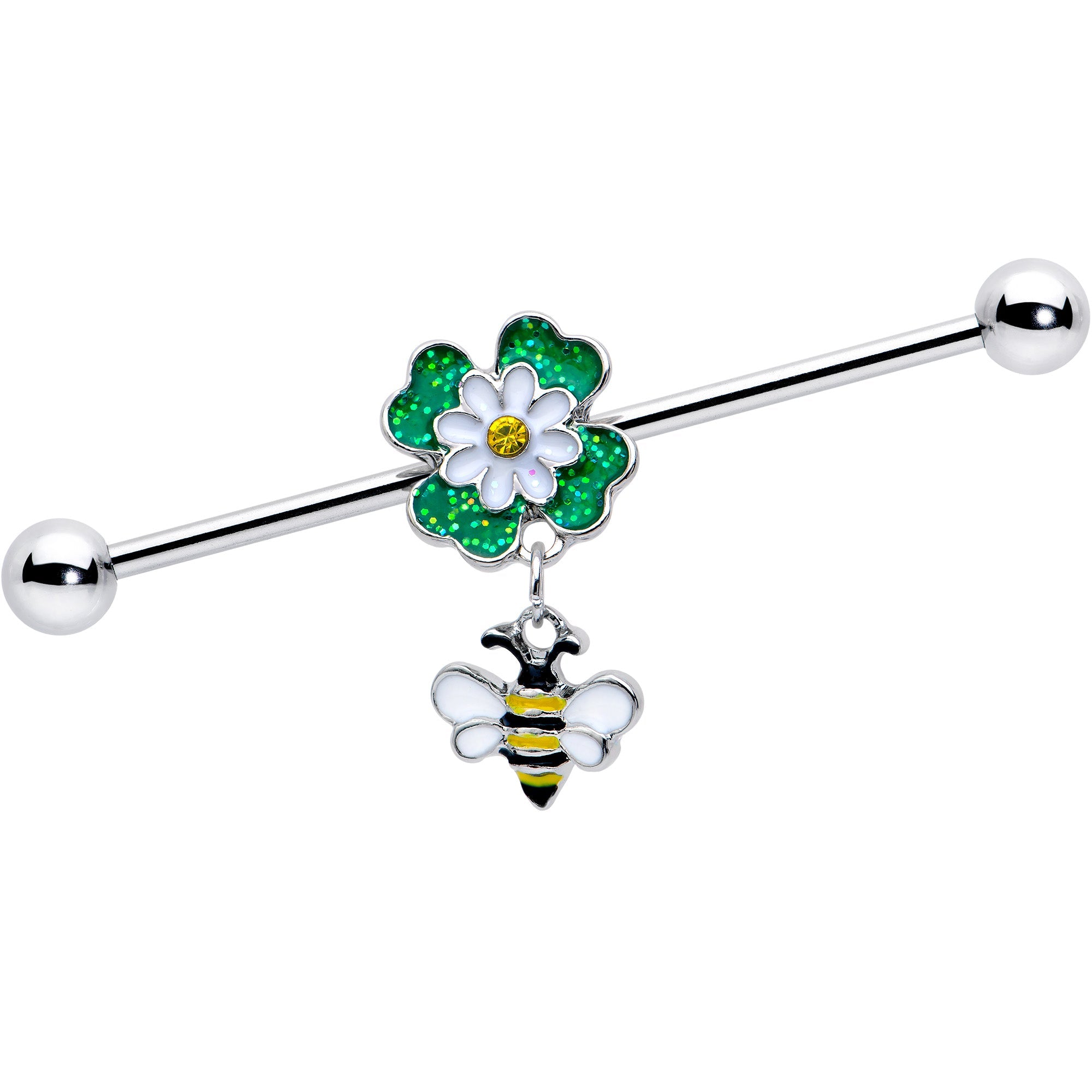 14G Yellow Gem Daisy Bee Glittery Dangle Industrial Barbell 38mm