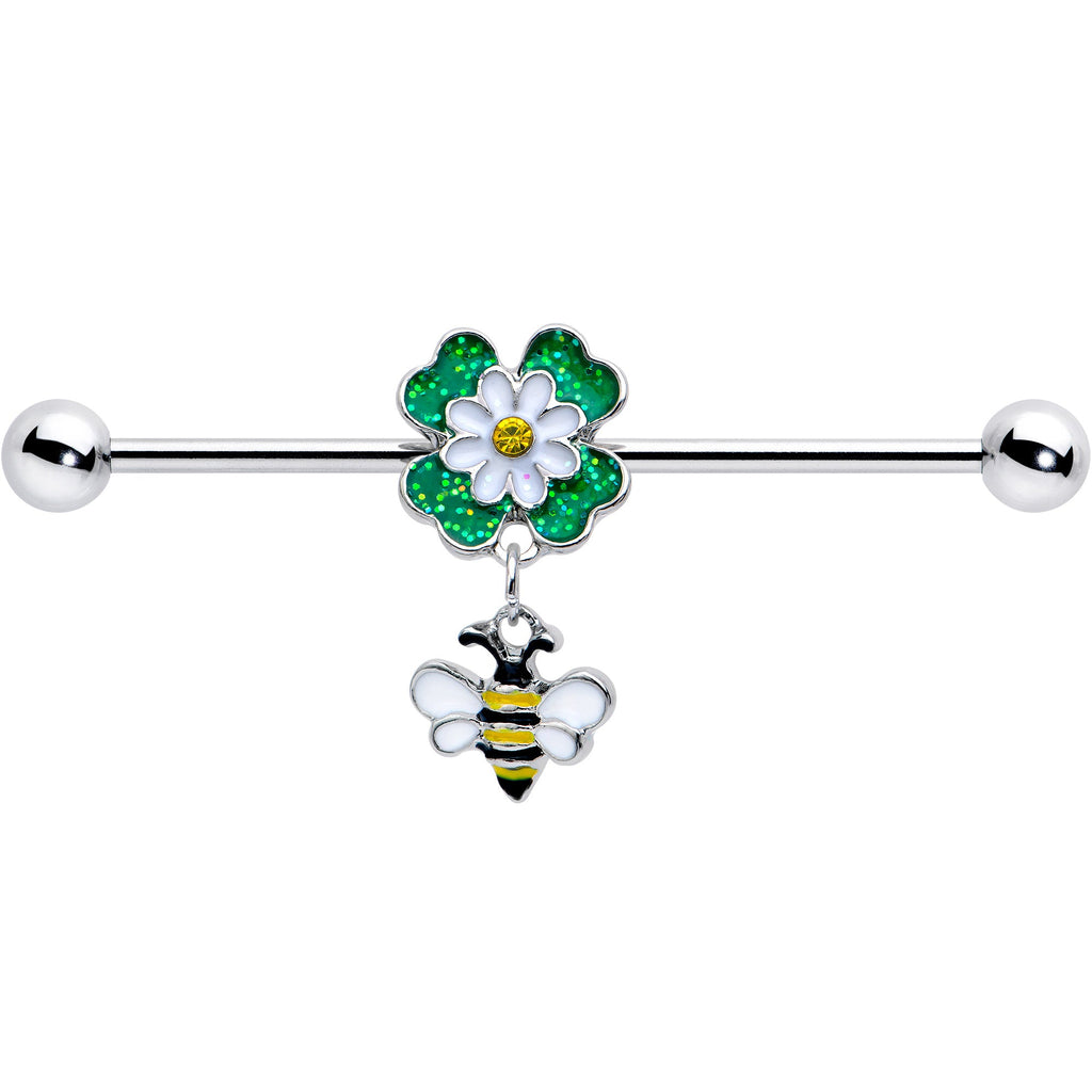 14G Yellow Gem Daisy Bee Glittery Dangle Industrial Barbell 38mm