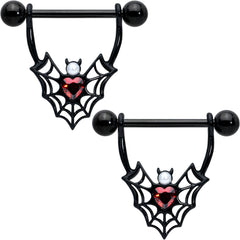 14G 11/16 Red Gem Black Gothic Bat Heart Nipple Shield Set