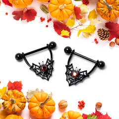 14G 11/16 Red Gem Black Gothic Bat Heart Nipple Shield Set