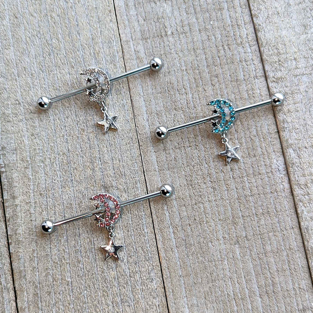14G Pink CZ Gem Moon Dangle Star Industrial Barbell 38mm