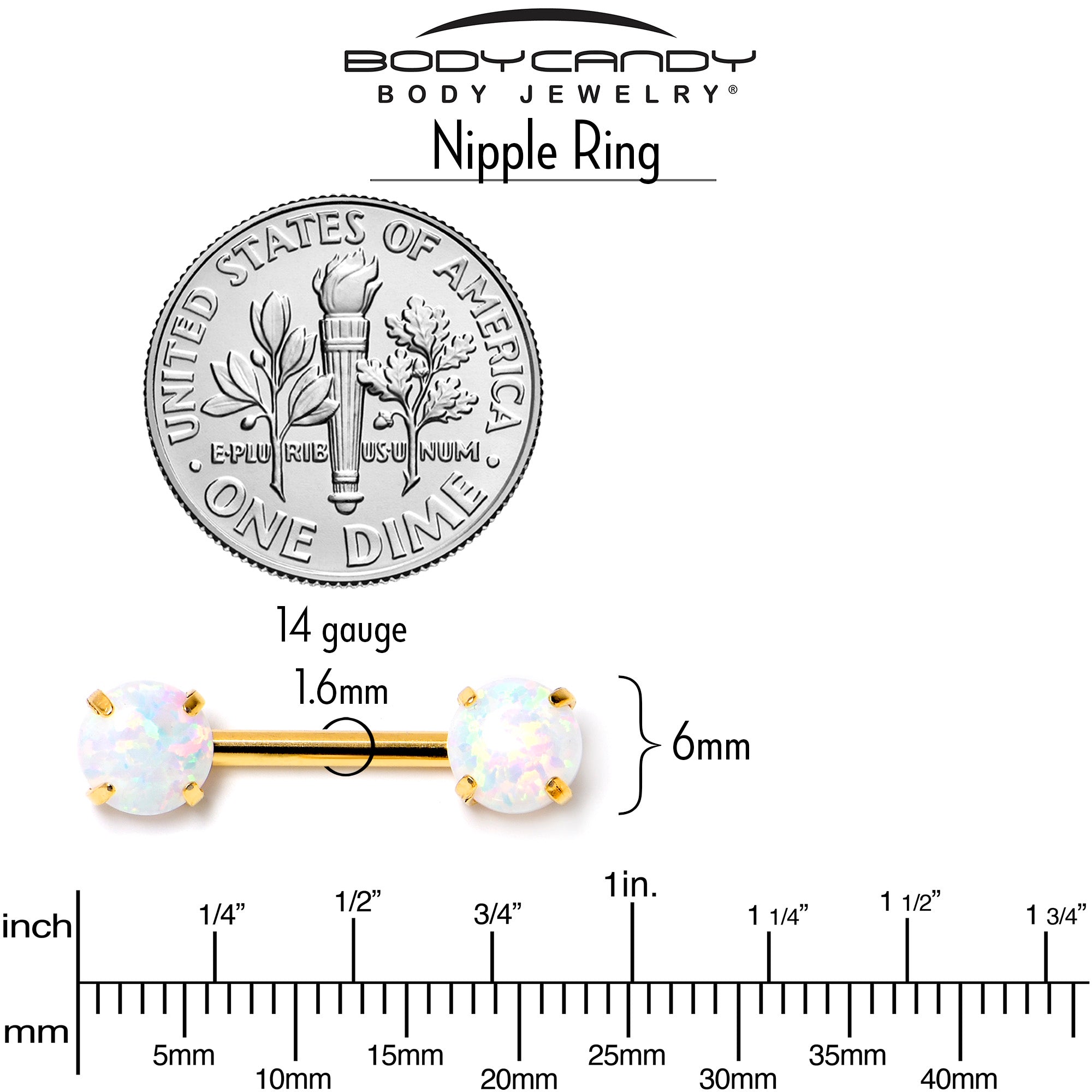 14G 1/2 White Synthetic Opal Gold Tone Threadless Nipple Ring Set